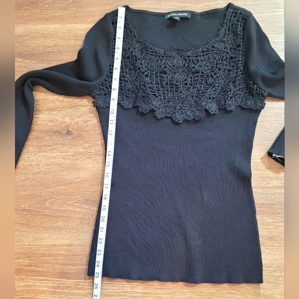 Boston Proper Black Ribbed Knit Sweater Crochet Lace Neckline Sz M - Picture 11 of 13